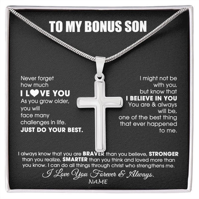 Stainless Cross Necklace | Personalized To My Bonus Son Necklace From Step Mom Stepdad Smarter Than You Think Step Son Birthday Christmas Customized Gift Box Message Card | siriusteestore