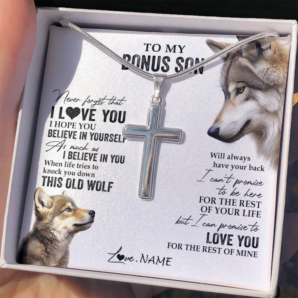 Stainless Cross Necklace Stainless Steel | 2 | Personalized To My Bonus Son Necklace From Step Mom Stepdad This Old Wolf Love You Step Son Birthday Graduation Christmas Customized Gift Box Message Card | siriusteestore