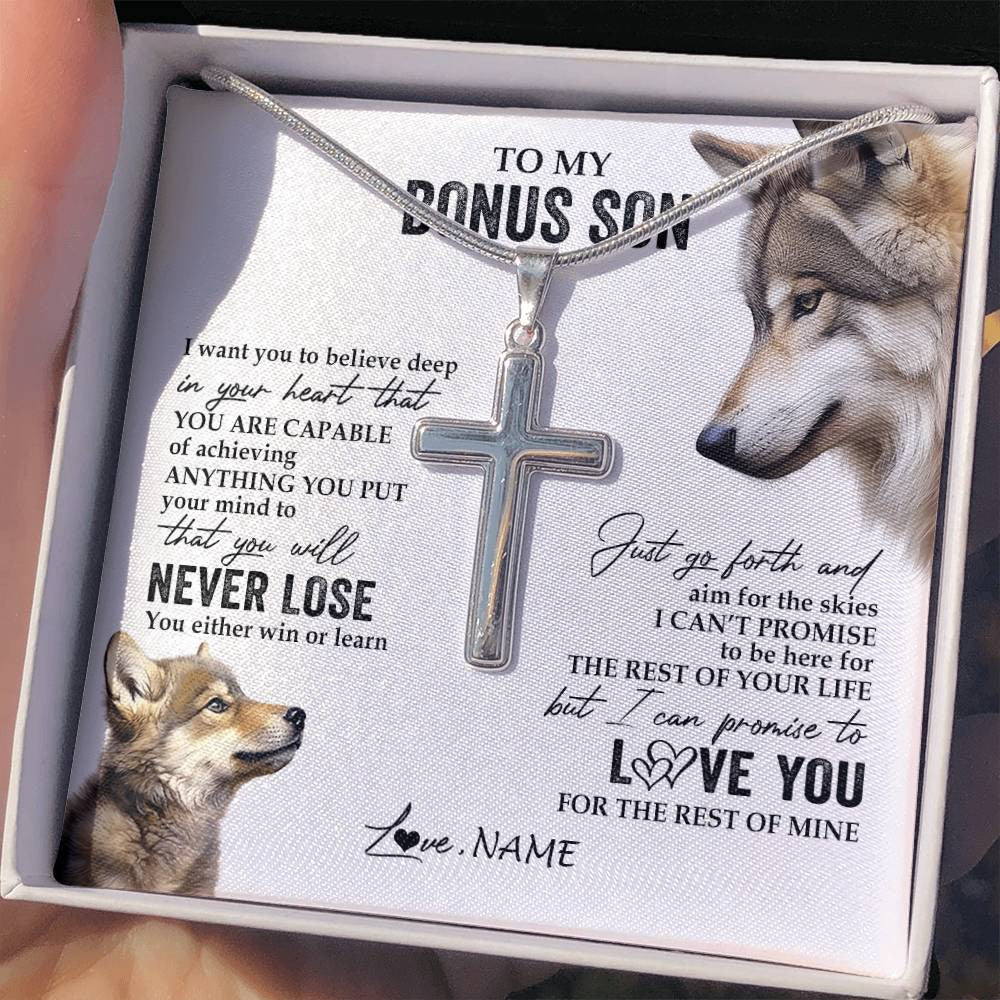 Stainless Cross Necklace Stainless Steel | 2 | Personalized To My Bonus Son Necklace From Step Mom You Will Never Lose Wolf Step Son Birthday Graduation Christmas Customized Gift Box Message Card | siriusteestore