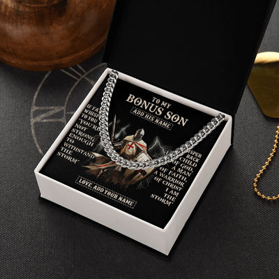 Cuban Link Chain Necklace Stainless Steel | 2 | Personalized To My Bonus Son Necklace From Stepdad For Men Warrior Knight Templar I Am The Storm Birthday Gifts For Stepson Christmas Gift Box Message Card | https://siriusteestore.
