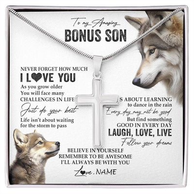 Stainless Cross Necklace Stainless Steel | 1 | Personalized To My Bonus Son Necklace From Stepdad Just Do You Best Laugh Love Live Wolf Stepson Birthday Graduation Christmas Customized Gift Box Message Card | siriusteestore