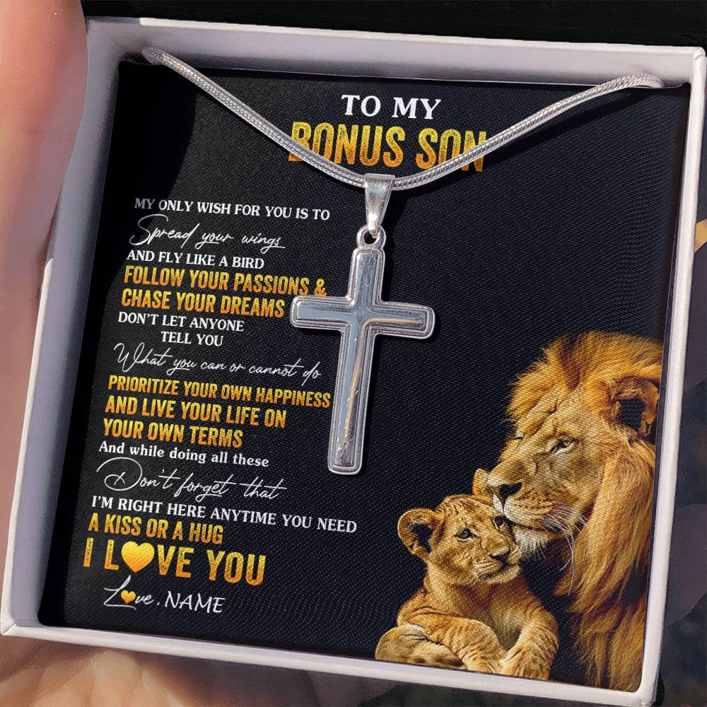 Stainless Cross Necklace Stainless Steel | 2 | Personalized To My Bonus Son Necklace From Stepdad Lion My Only Wish For You Stepson Birthday Graduation Christmas Customized Gift Box Message Card | siriusteestore