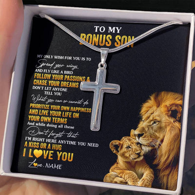 Stainless Cross Necklace Stainless Steel | 2 | Personalized To My Bonus Son Necklace From Stepdad Lion My Only Wish For You Stepson Birthday Graduation Christmas Customized Gift Box Message Card | siriusteestore