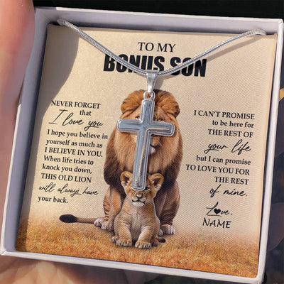 Stainless Cross Necklace Stainless Steel | 2 | Personalized To My Bonus Son Necklace From Stepdad Lion Never Forget That I Love You Stepson Jewelry Birthday Graduation Christmas Customized Message Card | siriusteestore