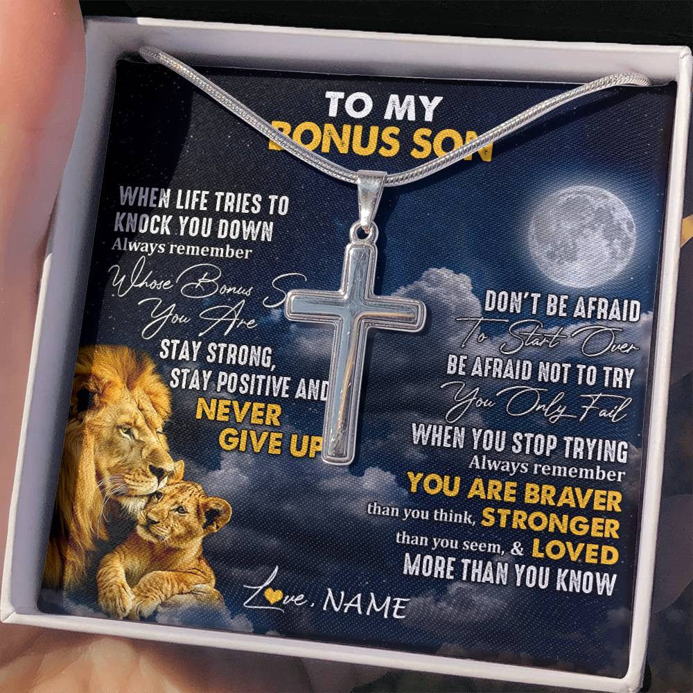 Stainless Cross Necklace Stainless Steel | 2 | Personalized To My Bonus Son Necklace From Stepdad Lion Never Give Up Stepson Birthday Graduation Christmas Jewelry Customized Gift Box Message Card | siriusteestore