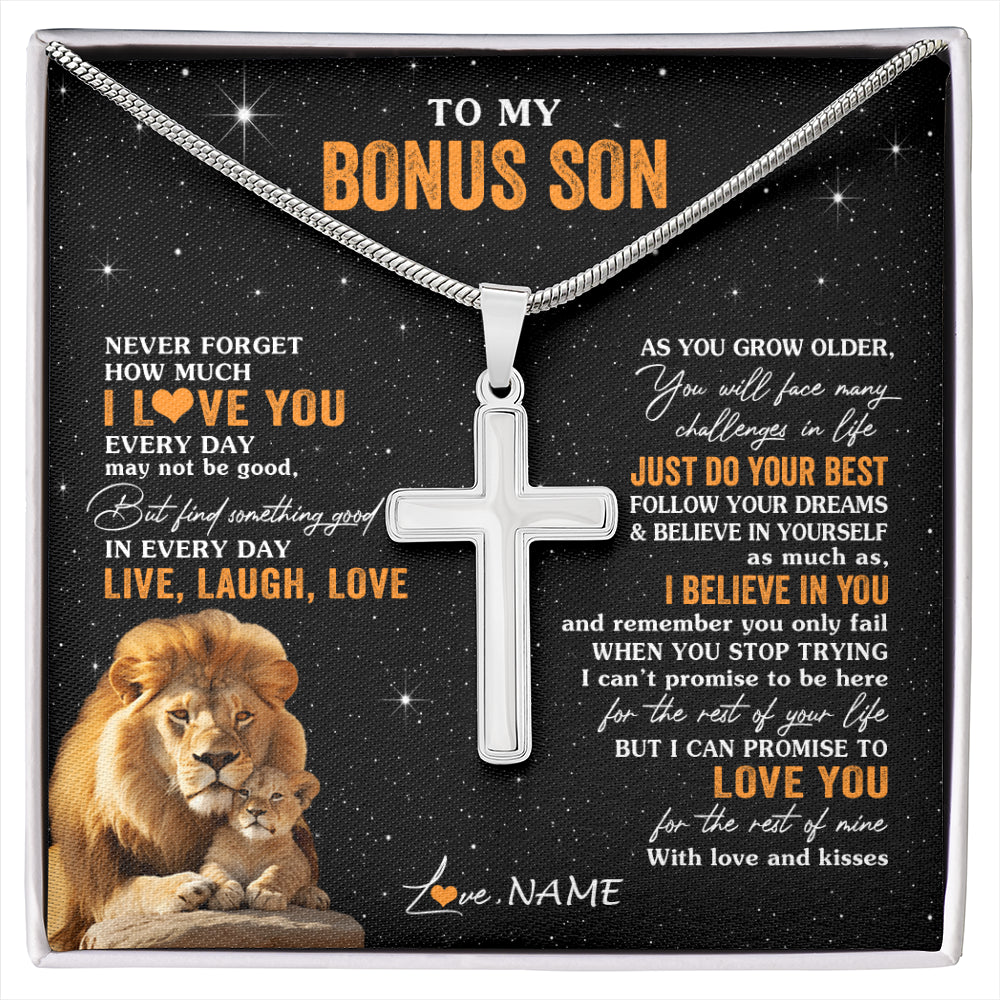 Stainless Cross Necklace Stainless Steel | 1 | Personalized To My Bonus Son Necklace From Stepdad Live Laugh Love Lion Stepson Birthday Gifts Positive Graduation Christmas Customized Gift Box Message Card | siriusteestore