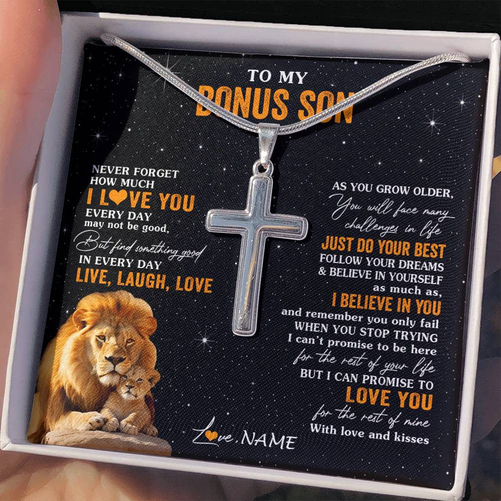 Stainless Cross Necklace Stainless Steel | 2 | Personalized To My Bonus Son Necklace From Stepdad Live Laugh Love Lion Stepson Birthday Gifts Positive Graduation Christmas Customized Gift Box Message Card | siriusteestore