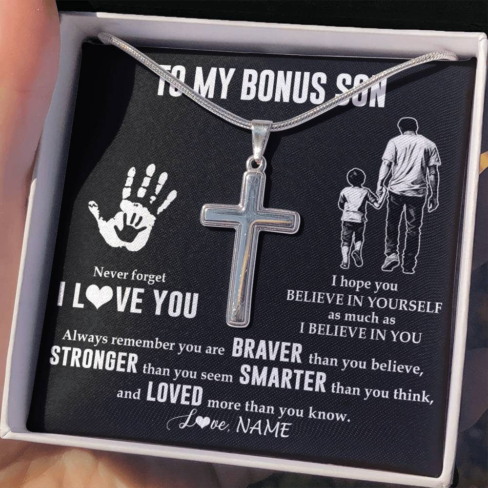 Stainless Cross Necklace Stainless Steel | 2 | Personalized To My Bonus Son Necklace From Stepdad Never Forget I Love You Stepson Birthday Gifts Christmas Graduation Customized Gift Box Message Card | siriusteestore