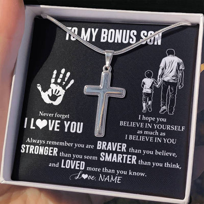 Stainless Cross Necklace Stainless Steel | 2 | Personalized To My Bonus Son Necklace From Stepdad Never Forget I Love You Stepson Birthday Gifts Christmas Graduation Customized Gift Box Message Card | siriusteestore