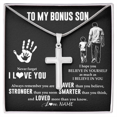 Stainless Cross Necklace Stainless Steel | 1 | Personalized To My Bonus Son Necklace From Stepdad Never Forget I Love You Stepson Birthday Gifts Christmas Graduation Customized Gift Box Message Card | siriusteestore