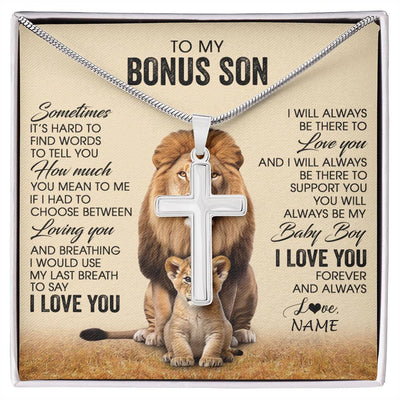 Stainless Cross Necklace Stainless Steel | 1 | Personalized To My Bonus Son Necklace From Stepdad Sometimes It's Hard Lion Stepson Gift Birthday Graduation Christmas Customized Gift Box Message Card | siriusteestore