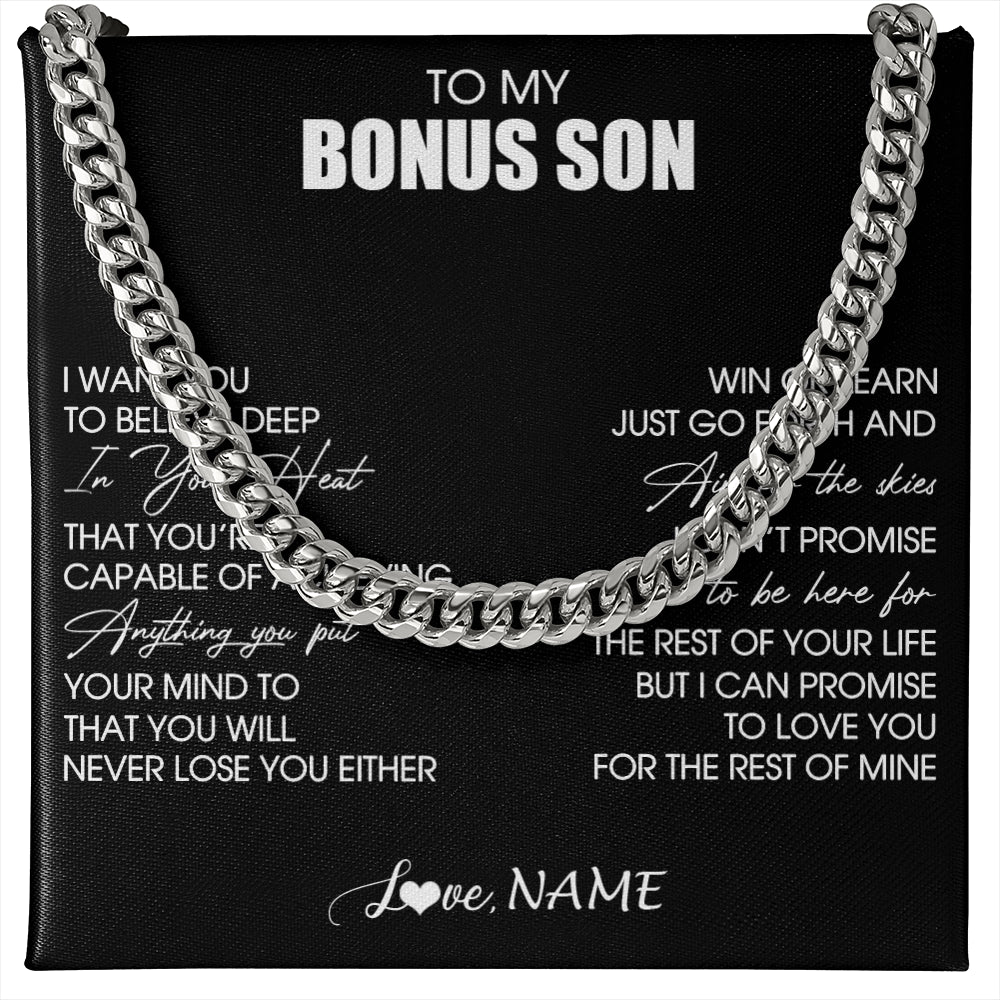 Cuban Link Chain Necklace Stainless Steel | 1 | Personalized To My Bonus Son Necklace From Stepdad Stepmom Believe Deep In Your Heart Birthday Jewelry For Men Christmas Customized Gift Box Message Card | siriusteestore