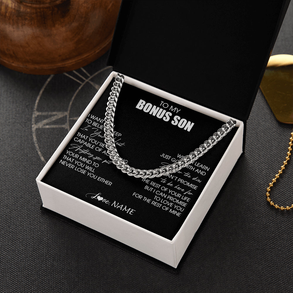 Cuban Link Chain Necklace Stainless Steel | 2 | Personalized To My Bonus Son Necklace From Stepdad Stepmom Believe Deep In Your Heart Birthday Jewelry For Men Christmas Customized Gift Box Message Card | siriusteestore