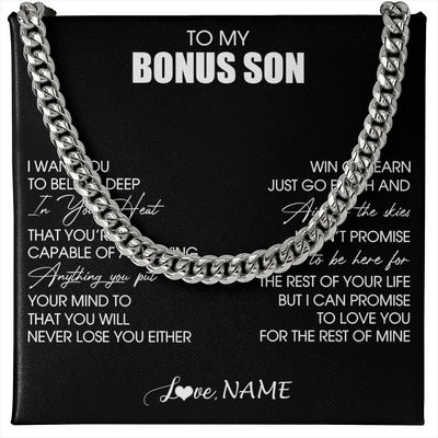 Cuban Link Chain Necklace Stainless Steel | 1 | Personalized To My Bonus Son Necklace From Stepdad Stepmom Believe Deep In Your Heart Birthday Jewelry For Men Christmas Customized Gift Box Message Card | siriusteestore