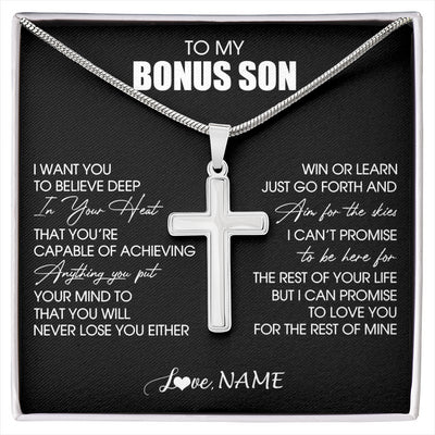Stainless Cross Necklace Stainless Steel | 1 | Personalized To My Bonus Son Necklace From Stepdad Stepmom Believe Deep In Your Heart Birthday Jewelry For Men Christmas Customized Gift Box Message Card | siriusteestore