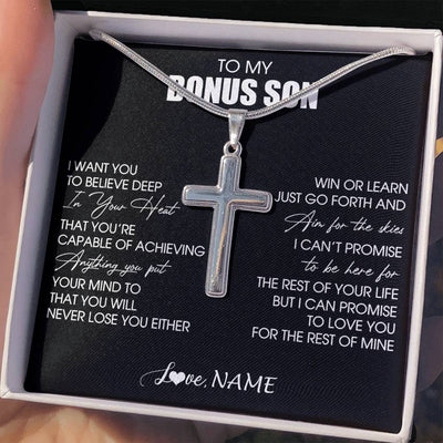 Stainless Cross Necklace Stainless Steel | 2 | Personalized To My Bonus Son Necklace From Stepdad Stepmom Believe Deep In Your Heart Birthday Jewelry For Men Christmas Customized Gift Box Message Card | siriusteestore