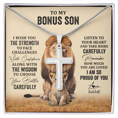 Stainless Cross Necklace Stainless Steel | 1 | Personalized To My Bonus Son Necklace From Stepdad Stepmom I Wish You The Strength Lion Stepson Birthday Graduation Christmas Customized Gift Box Message Card | siriusteestore