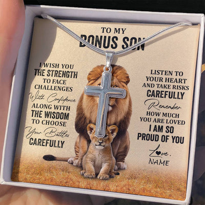 Stainless Cross Necklace Stainless Steel | 2 | Personalized To My Bonus Son Necklace From Stepdad Stepmom I Wish You The Strength Lion Stepson Birthday Graduation Christmas Customized Gift Box Message Card | siriusteestore