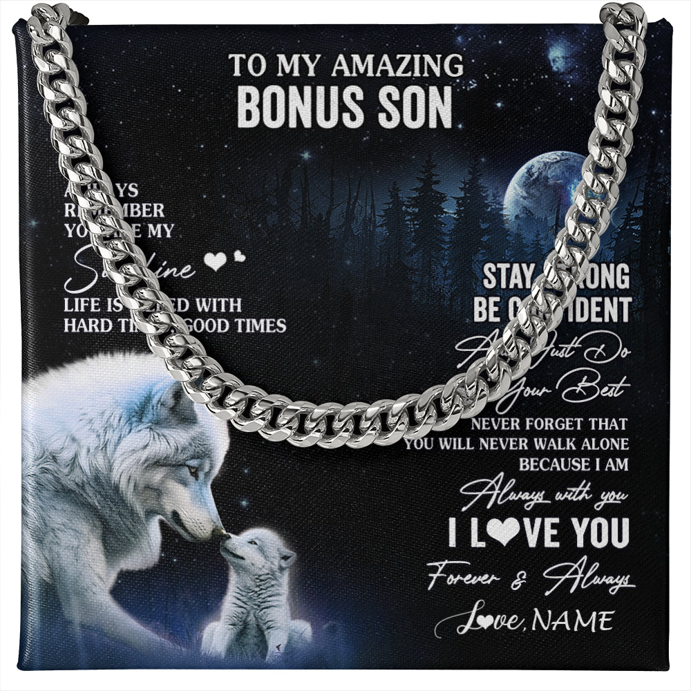 Cuban Link Chain Necklace Stainless Steel | 1 | Personalized To My Bonus Son Necklace From Stepdad Stepmom Moon Wolf Stepson Birthday Gifts Graduation Christmas Customized Gift Box Message Card | siriusteestore