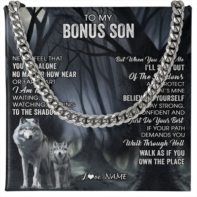 Cuban Link Chain Necklace Stainless Steel | 1 | Personalized To My Bonus Son Necklace From Stepdad Stepmom Never Feel That You Are Alone Wolf Birthday Graduation Christmas Customized Gift Box Message Card | siriusteestore