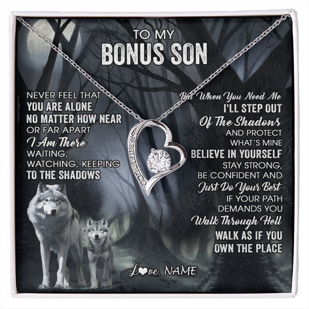 Forever Love Necklace 14K White Gold Finish | 1 | Personalized To My Bonus Son Necklace From Stepdad Stepmom Never Feel That You Are Alone Wolf Birthday Graduation Christmas Customized Gift Box Message Card | siriusteestore