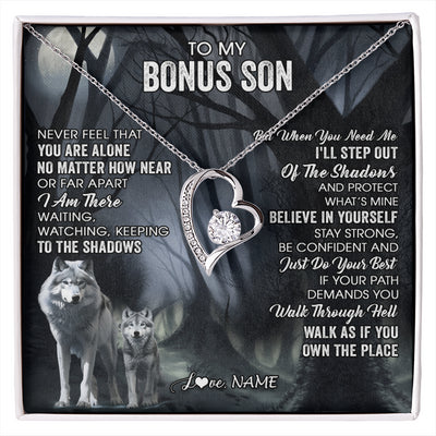 Forever Love Necklace 14K White Gold Finish | 1 | Personalized To My Bonus Son Necklace From Stepdad Stepmom Never Feel That You Are Alone Wolf Birthday Graduation Christmas Customized Gift Box Message Card | siriusteestore