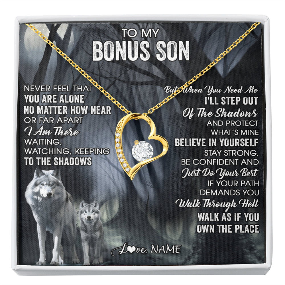 Forever Love Necklace 18K Yellow Gold Finish | 1 | Personalized To My Bonus Son Necklace From Stepdad Stepmom Never Feel That You Are Alone Wolf Birthday Graduation Christmas Customized Gift Box Message Card | siriusteestore