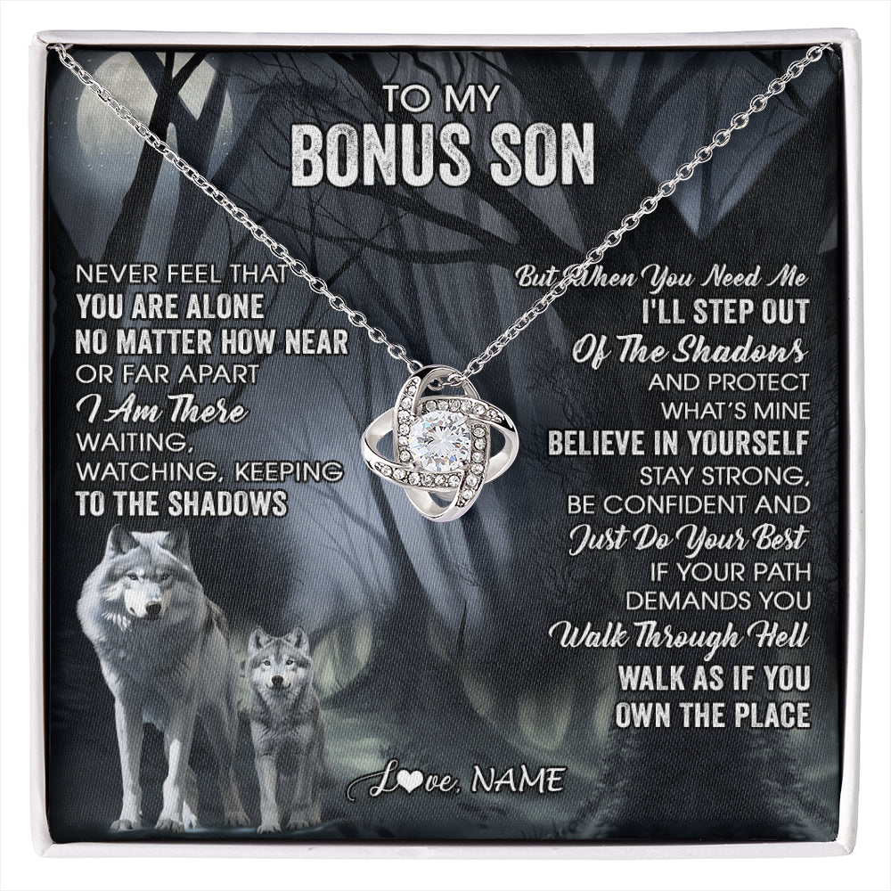Love Knot Necklace 14K White Gold Finish | 1 | Personalized To My Bonus Son Necklace From Stepdad Stepmom Never Feel That You Are Alone Wolf Birthday Graduation Christmas Customized Gift Box Message Card | siriusteestore