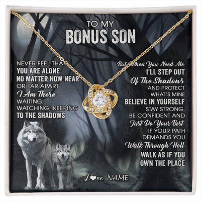 Love Knot Necklace 18K Yellow Gold Finish | 1 | Personalized To My Bonus Son Necklace From Stepdad Stepmom Never Feel That You Are Alone Wolf Birthday Graduation Christmas Customized Gift Box Message Card | siriusteestore