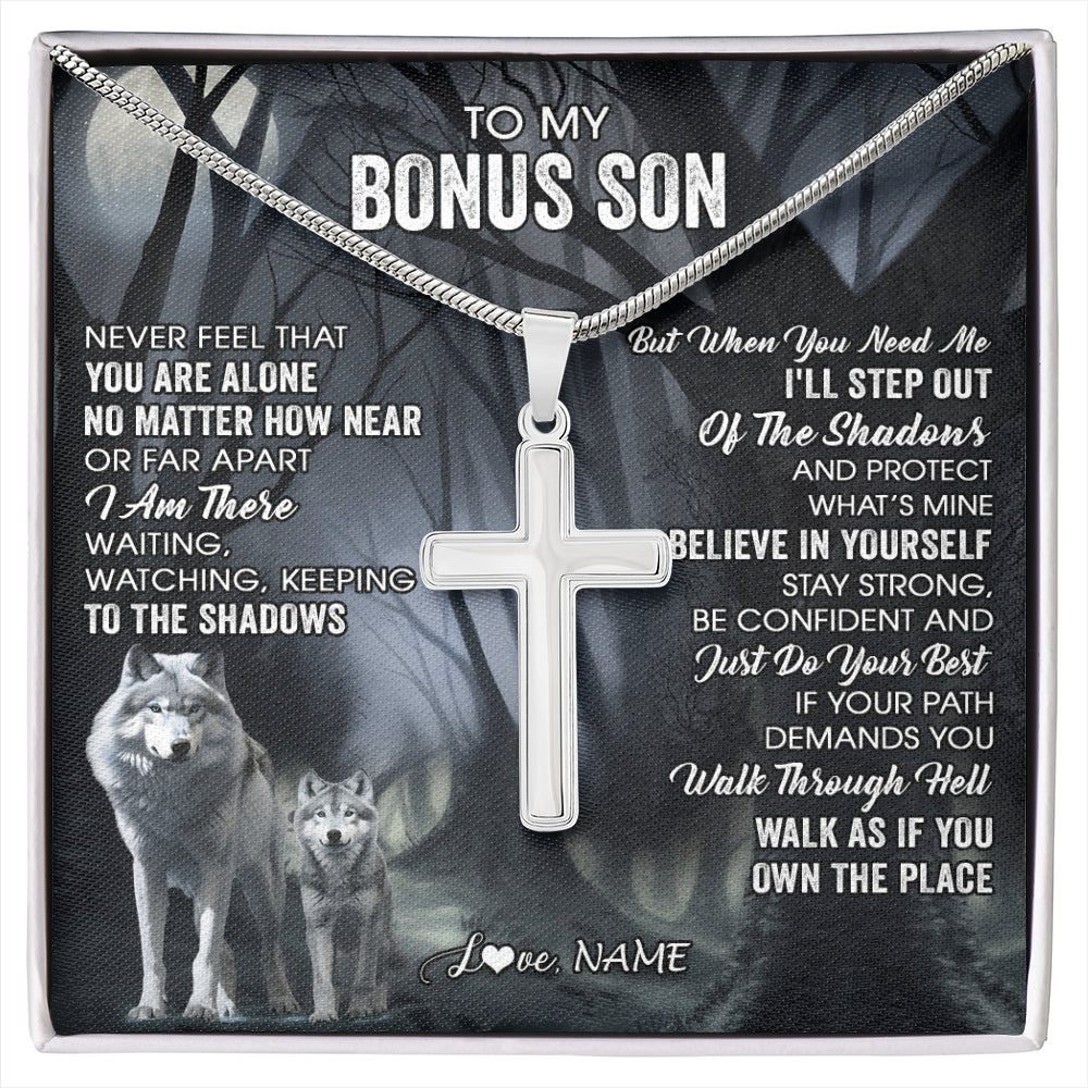 Stainless Cross Necklace Stainless Steel | 1 | Personalized To My Bonus Son Necklace From Stepdad Stepmom Never Feel That You Are Alone Wolf Birthday Graduation Christmas Customized Gift Box Message Card | siriusteestore