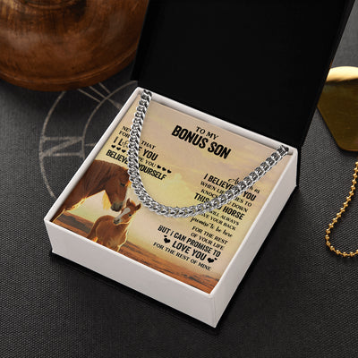 Cuban Link Chain Necklace Stainless Steel | 2 | Personalized To My Bonus Son Necklace From Stepdad Stepmom This Old Horse Love You Stepson Birthday Graduation Christmas Customized Gift Box Message Card | siriusteestore