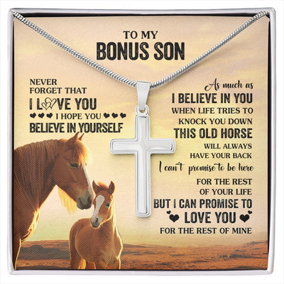 Stainless Cross Necklace Stainless Steel | 1 | Personalized To My Bonus Son Necklace From Stepdad Stepmom This Old Horse Love You Stepson Birthday Graduation Christmas Customized Gift Box Message Card | siriusteestore