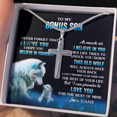 Stainless Cross Necklace Stainless Steel | 2 | Personalized To My Bonus Son Necklace From Stepdad Stepmom This Old Wolf Love Stepson Birthday Gifts Graduation Christmas Customized Gift Box Message Card | siriusteestore
