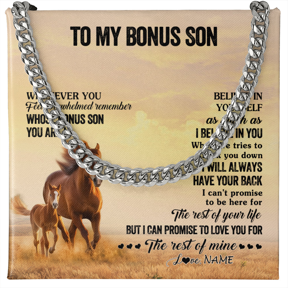 Cuban Link Chain Necklace Stainless Steel | 1 | Personalized To My Bonus Son Necklace From Stepdad Stepmom Whenever You Feel Horse Stepson Birthday Graduation Christmas Customized Gift Box Message Card | siriusteestore