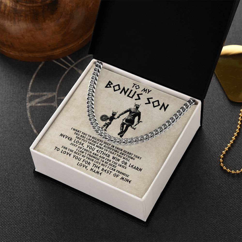 Cuban Link Chain Necklace Stainless Steel | 2 | Personalized To My Bonus Son Necklace From Stepdad You Will Never Lose Viking Stepson Birthday Graduation Christmas Customized Gift Box Message Card | siriusteestore