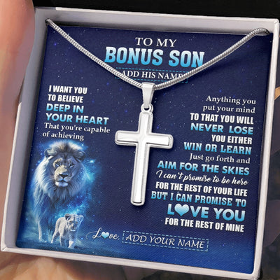 Stainless Cross Necklace Stainless Steel | 2 | Personalized To My Bonus Son Necklace From Stepfather Believe Your Heart Stepson Gift Birthday Graduation Christmas Customized Gift Box Message Card | siriusteestore.myshopify