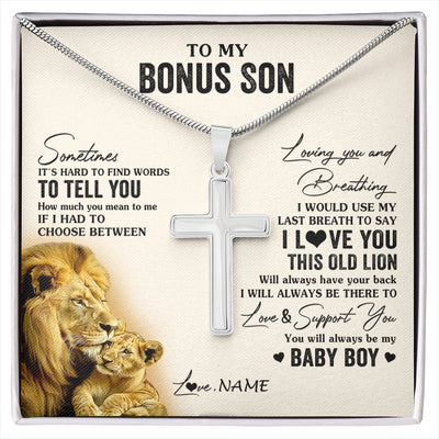 Stainless Cross Necklace Stainless Steel | 1 | Personalized To My Bonus Son Necklace From Stepfather I Love You This Old Lion Stepson Birthday Graduation Christmas Customized Gift Box Message Card | siriusteestore