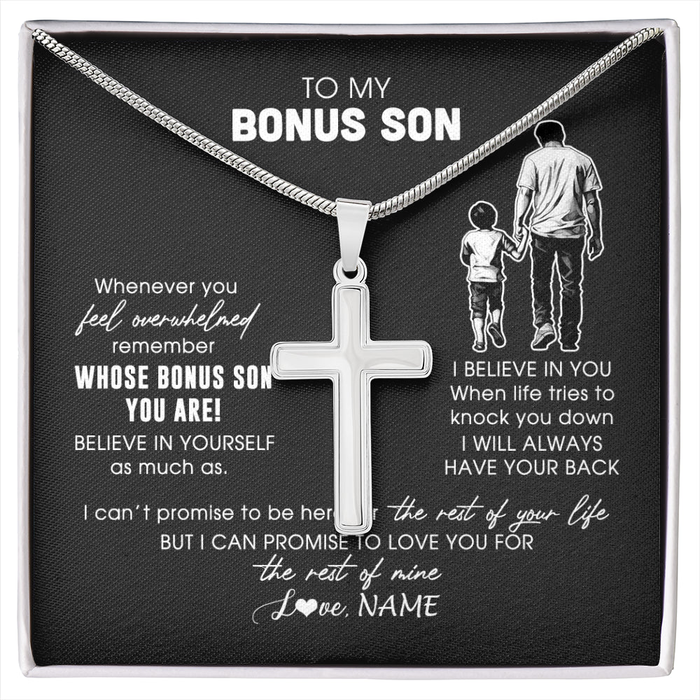 Stainless Cross Necklace Stainless Steel | 1 | Personalized To My Bonus Son Necklace From Stepfather Whenever You Feel Overwhelmed Stepson Jewelry Birthday Christmas Customized Gift Box Message Card | siriusteestore