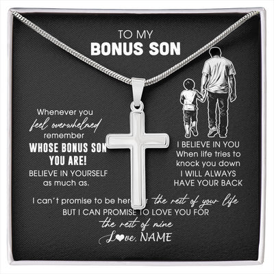 Stainless Cross Necklace Stainless Steel | 1 | Personalized To My Bonus Son Necklace From Stepfather Whenever You Feel Overwhelmed Stepson Jewelry Birthday Christmas Customized Gift Box Message Card | siriusteestore