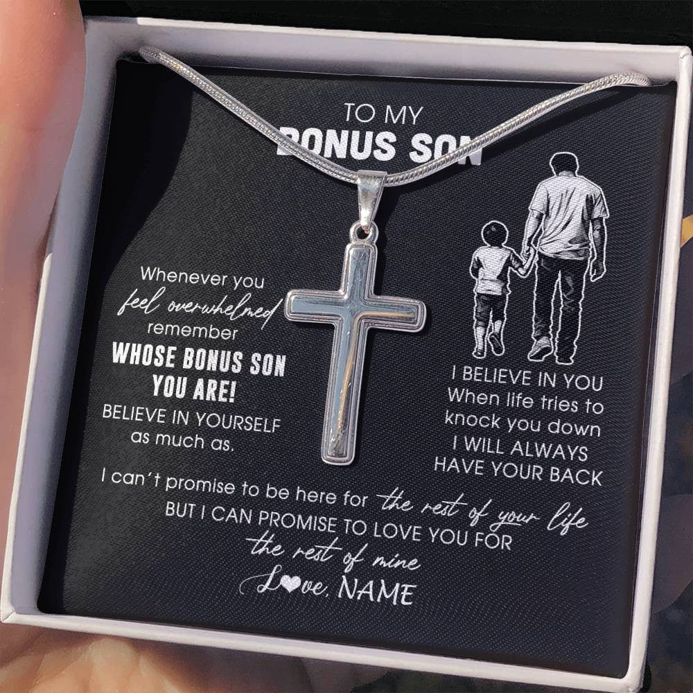 Stainless Cross Necklace Stainless Steel | 2 | Personalized To My Bonus Son Necklace From Stepfather Whenever You Feel Overwhelmed Stepson Jewelry Birthday Christmas Customized Gift Box Message Card | siriusteestore