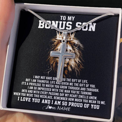 Stainless Cross Necklace Stainless Steel | 2 | Personalized To My Bonus Son Necklace From Stepmom And Stepdad Proud Of You Stepson Birthday Gifts Gifts Graduation Christmas Customized Gift Box Message Card | siriusteestore