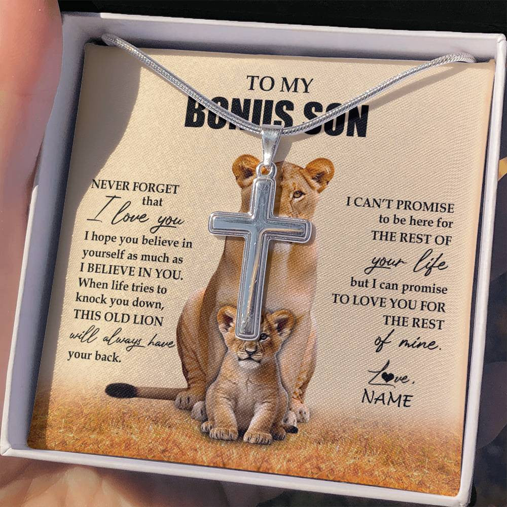 Stainless Cross Necklace Stainless Steel | 2 | Personalized To My Bonus Son Necklace From Stepmom Lion Never Forget That I Love You Stepson Jewelry Birthday Graduation Christmas Customized Message Card | siriusteestore