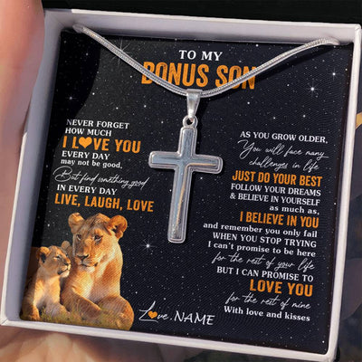 Stainless Cross Necklace Stainless Steel | 2 | Personalized To My Bonus Son Necklace From Stepmom Live Laugh Love Lion Stepson Birthday Gifts Positive Graduation Christmas Customized Gift Box Message Card | siriusteestore