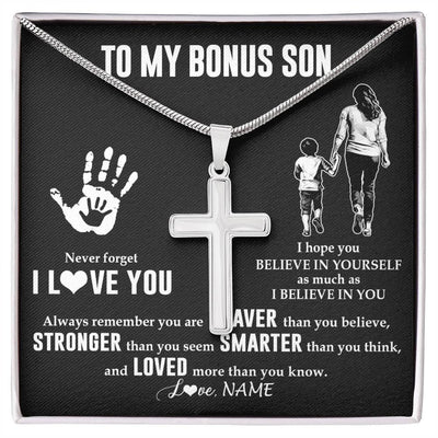 Stainless Cross Necklace Stainless Steel | 1 | Personalized To My Bonus Son Necklace From Stepmom Never Forget I Love You Stepson Birthday Gifts Christmas Graduation Customized Gift Box Message Card | siriusteestore