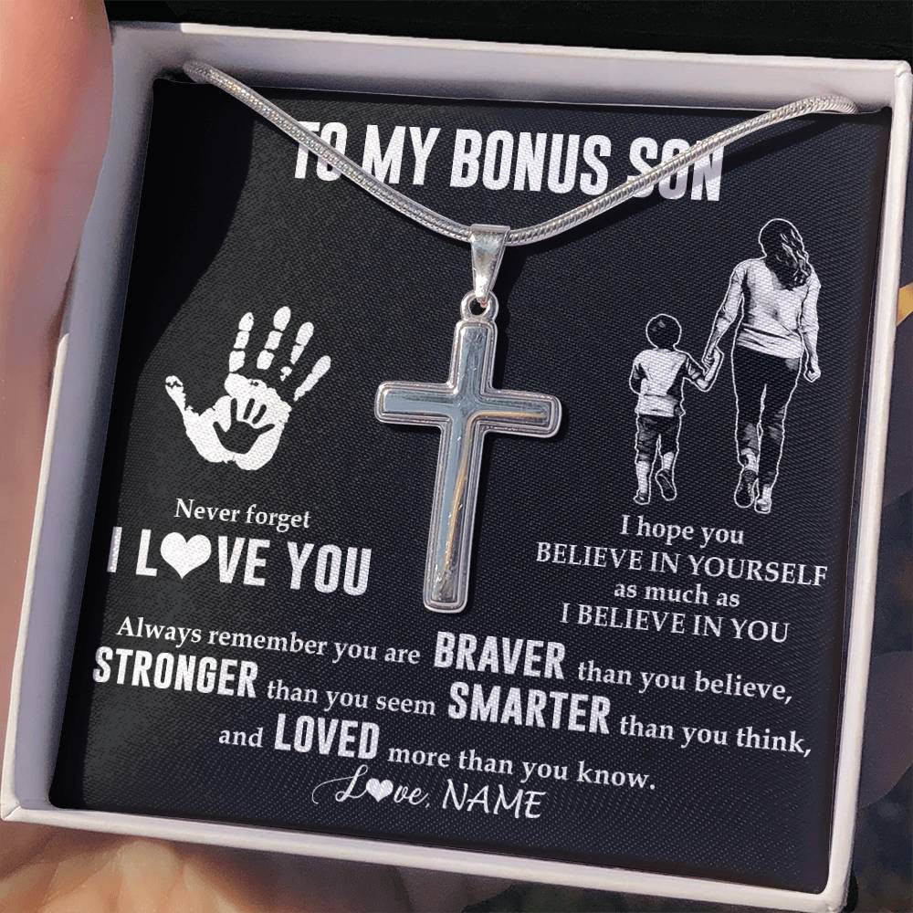 Stainless Cross Necklace Stainless Steel | 2 | Personalized To My Bonus Son Necklace From Stepmom Never Forget I Love You Stepson Birthday Gifts Christmas Graduation Customized Gift Box Message Card | siriusteestore