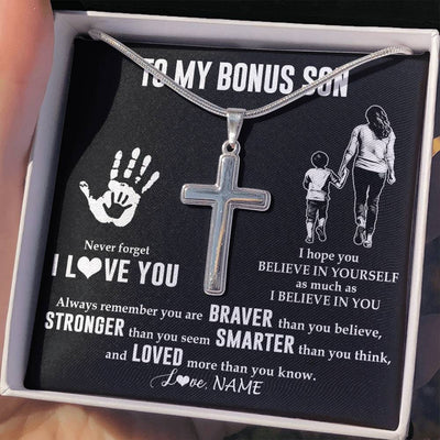 Stainless Cross Necklace Stainless Steel | 2 | Personalized To My Bonus Son Necklace From Stepmom Never Forget I Love You Stepson Birthday Gifts Christmas Graduation Customized Gift Box Message Card | siriusteestore