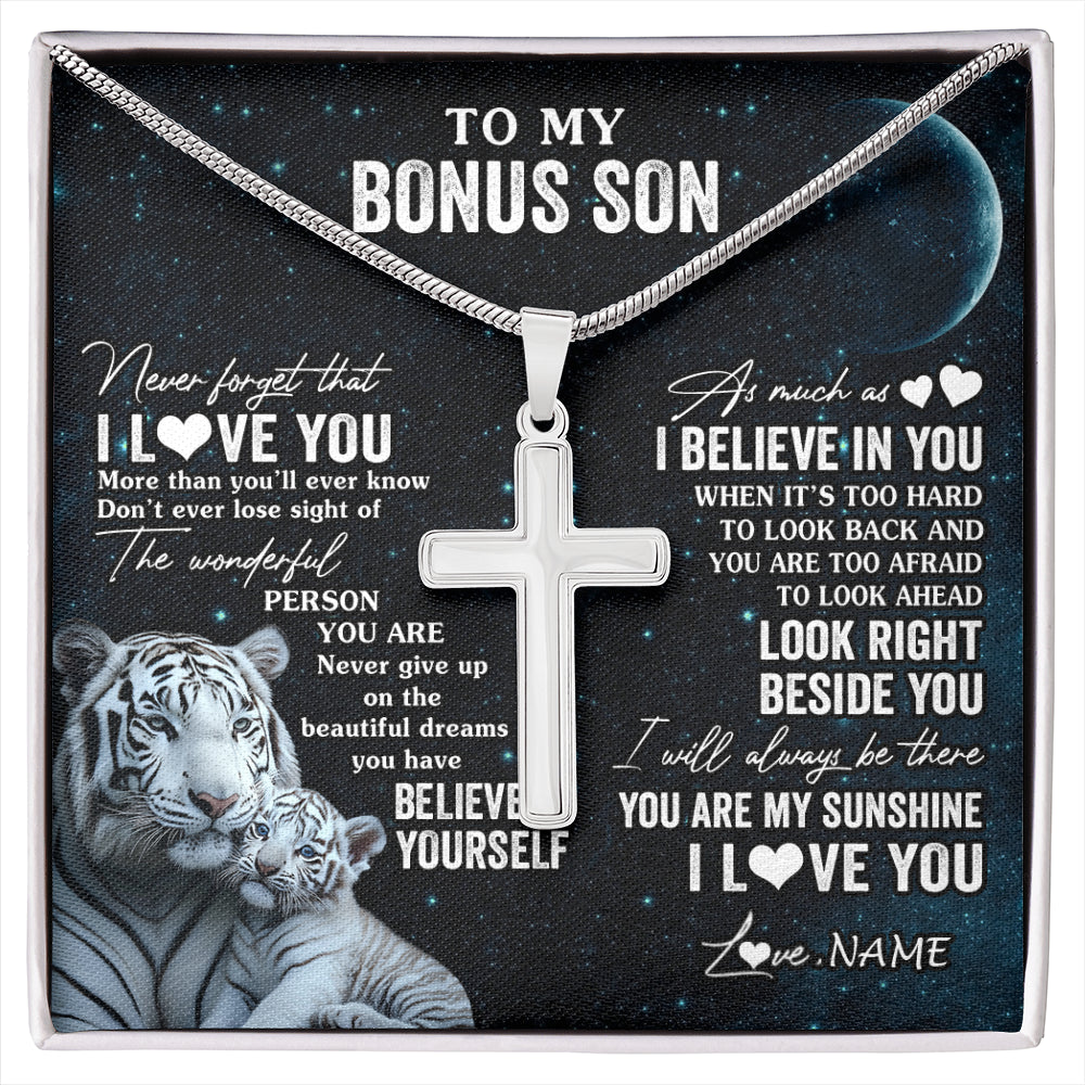 Stainless Cross Necklace Stainless Steel | 1 | Personalized To My Bonus Son Necklace From Stepmom Never Forget I Love You White Tiger Stepson Birthday Graduation Christmas Customized Gift Box Message Card | siriusteestore