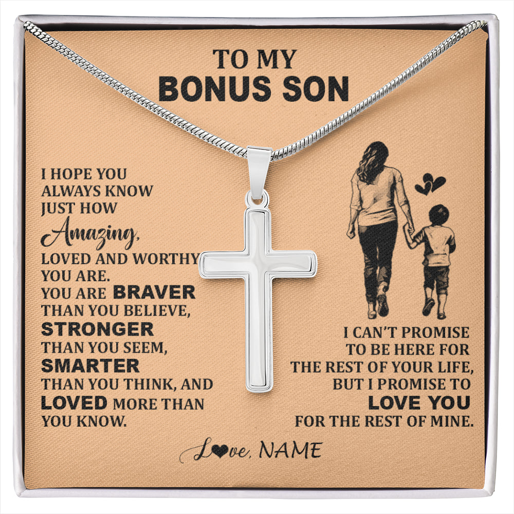 Stainless Cross Necklace Stainless Steel | 1 | Personalized To My Bonus Son Necklace From Stepmom Promise To Love You Stepson Birthday Gifts Jewelry Graduation Christmas Customized Gift Box Message Card | siriusteestore