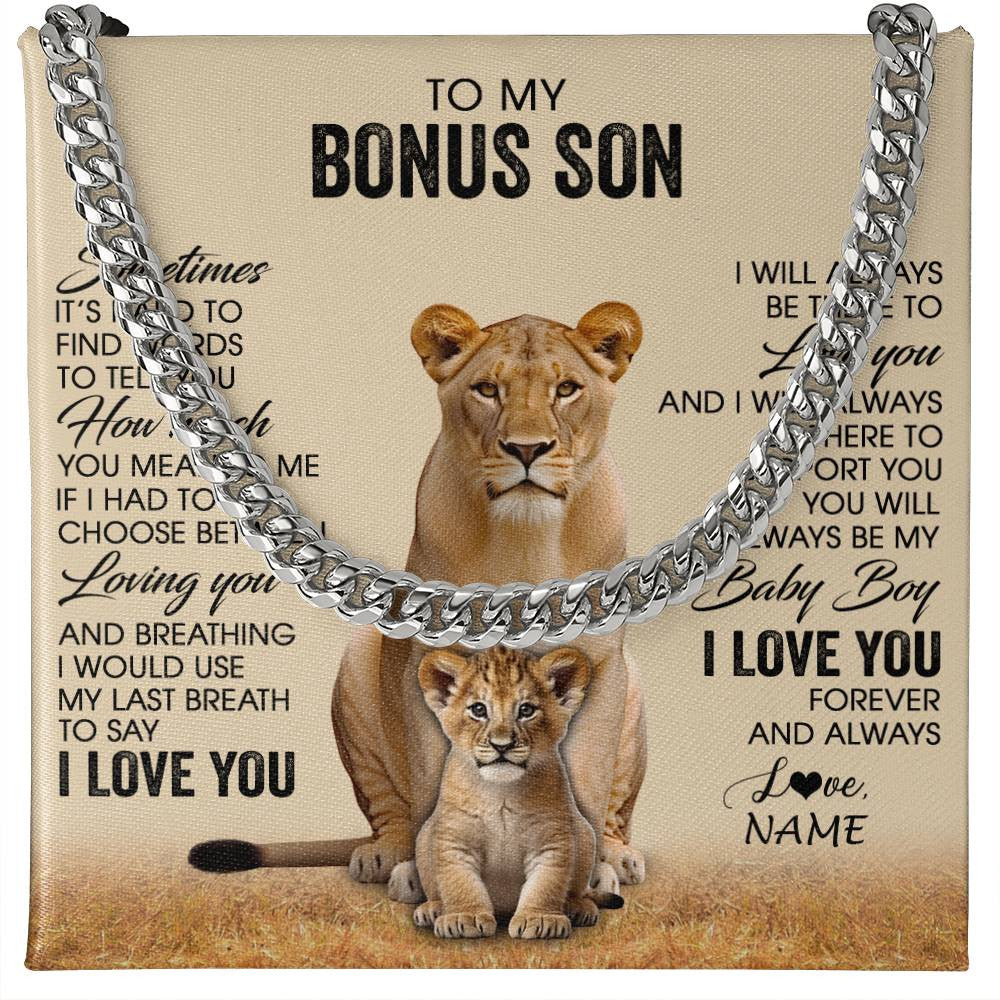 Cuban Link Chain Necklace Stainless Steel | 1 | Personalized To My Bonus Son Necklace From Stepmom Sometimes It's Hard Lion Stepson Gift Birthday Graduation Christmas Customized Gift Box Message Card | siriusteestore
