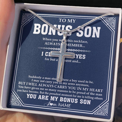 Stainless Cross Necklace Stainless Steel | 2 | Personalized To My Bonus Son Necklace From Stepmom Stepdad Suddenly A Man Jewelry Stepson Birthday Gifts Graduation Christmas Customized Gift Box Message Card | siriusteestore